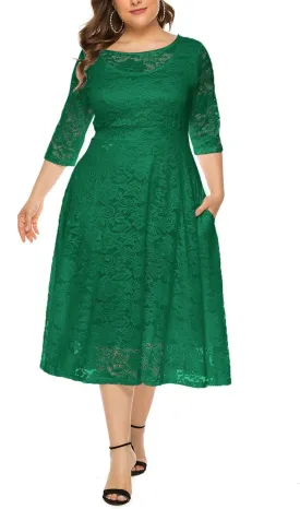 Women Plus Size Lace Cocktail Dresses Summer Round Neck Short Sleeve Wedding Guest Midi Dress with Pocket