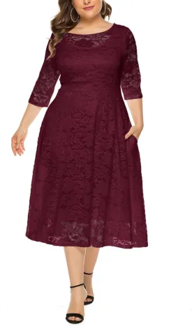 Women Plus Size Lace Cocktail Dresses Summer Round Neck Short Sleeve Wedding Guest Midi Dress with Pocket