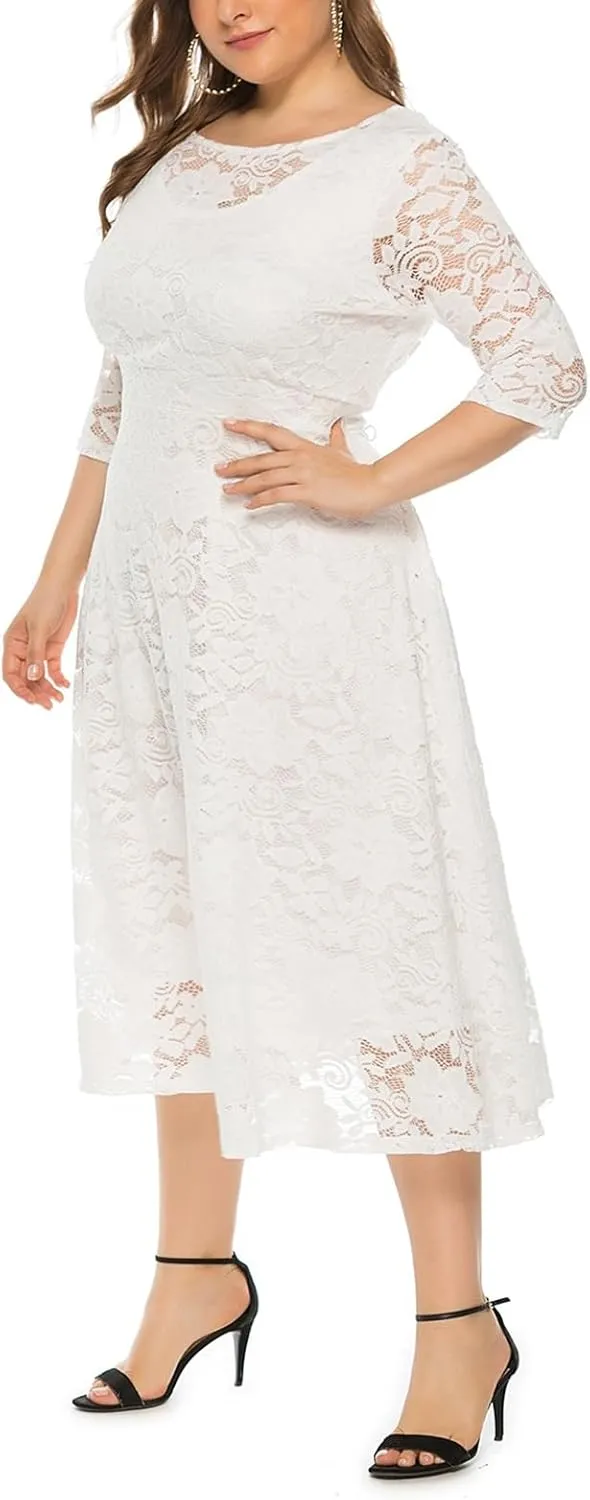 Women Plus Size Lace Cocktail Dresses Summer Round Neck Short Sleeve Wedding Guest Midi Dress with Pocket