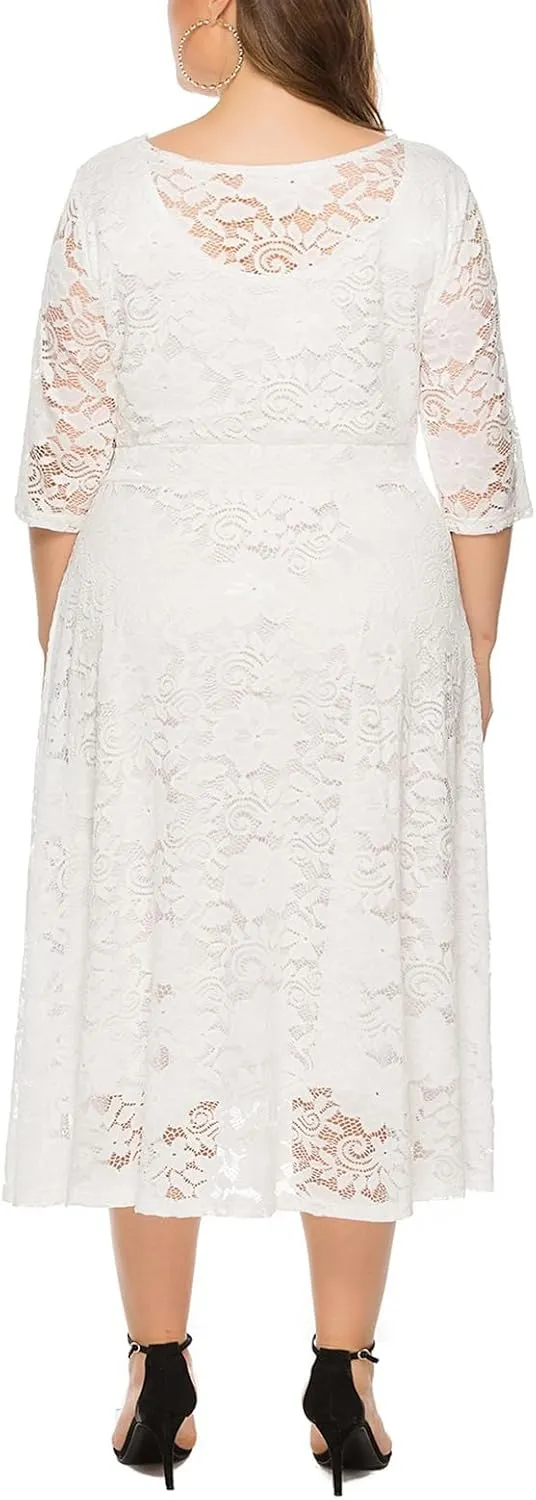 Women Plus Size Lace Cocktail Dresses Summer Round Neck Short Sleeve Wedding Guest Midi Dress with Pocket