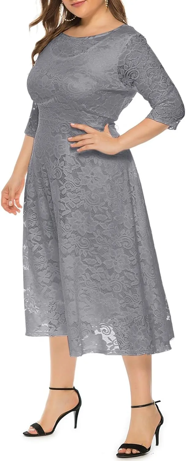 Women Plus Size Lace Cocktail Dresses Summer Round Neck Short Sleeve Wedding Guest Midi Dress with Pocket