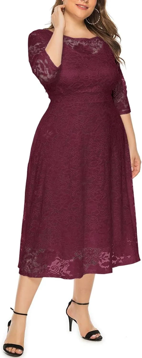 Women Plus Size Lace Cocktail Dresses Summer Round Neck Short Sleeve Wedding Guest Midi Dress with Pocket