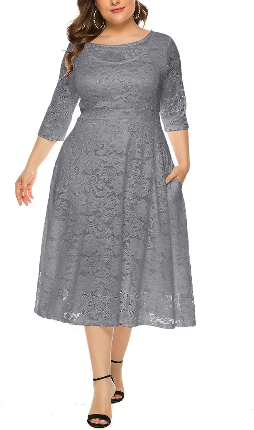 Women Plus Size Lace Cocktail Dresses Summer Round Neck Short Sleeve Wedding Guest Midi Dress with Pocket