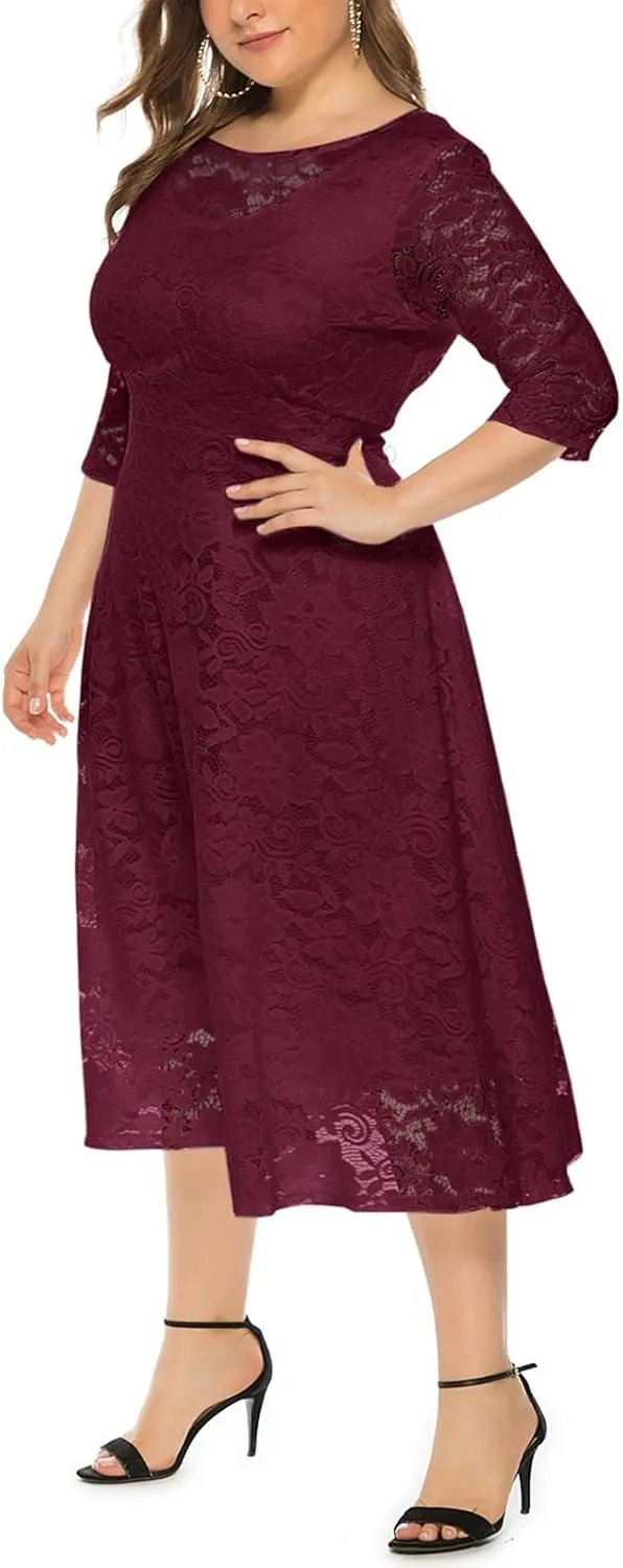 Women Plus Size Lace Cocktail Dresses Summer Round Neck Short Sleeve Wedding Guest Midi Dress with Pocket