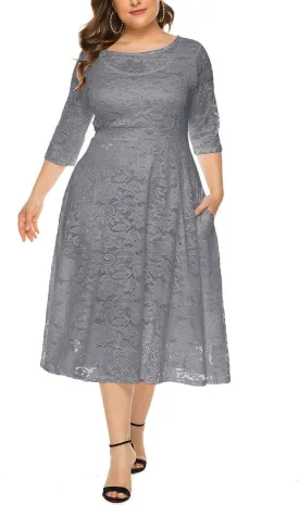 Women Plus Size Lace Cocktail Dresses Summer Round Neck Short Sleeve Wedding Guest Midi Dress with Pocket