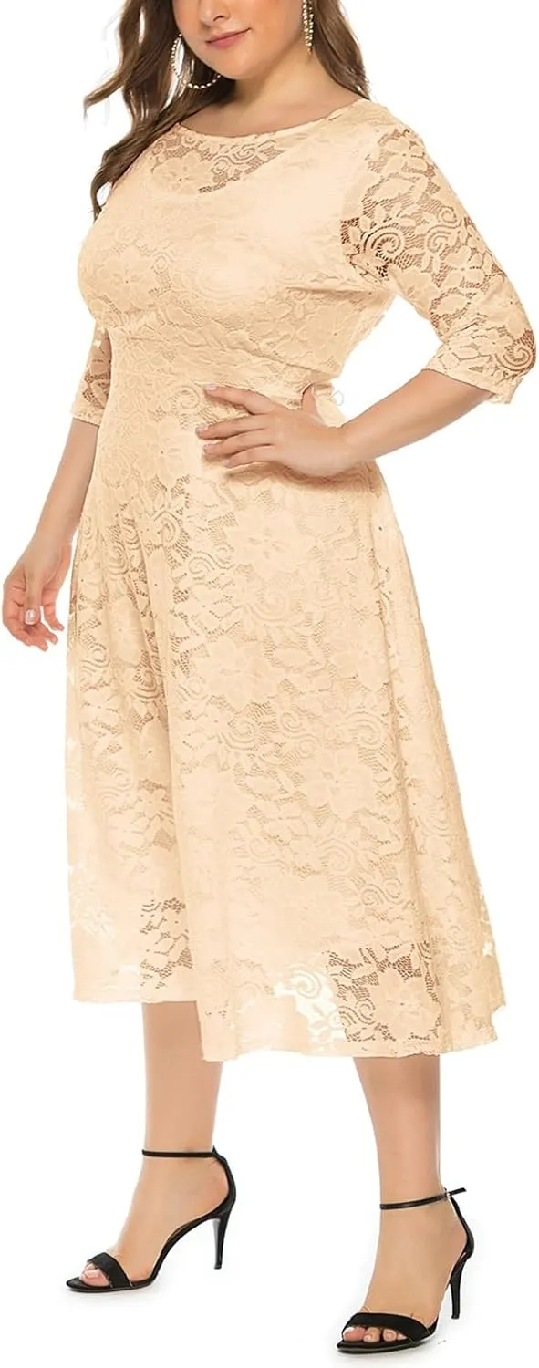 Women Plus Size Lace Cocktail Dresses Summer Round Neck Short Sleeve Wedding Guest Midi Dress with Pocket