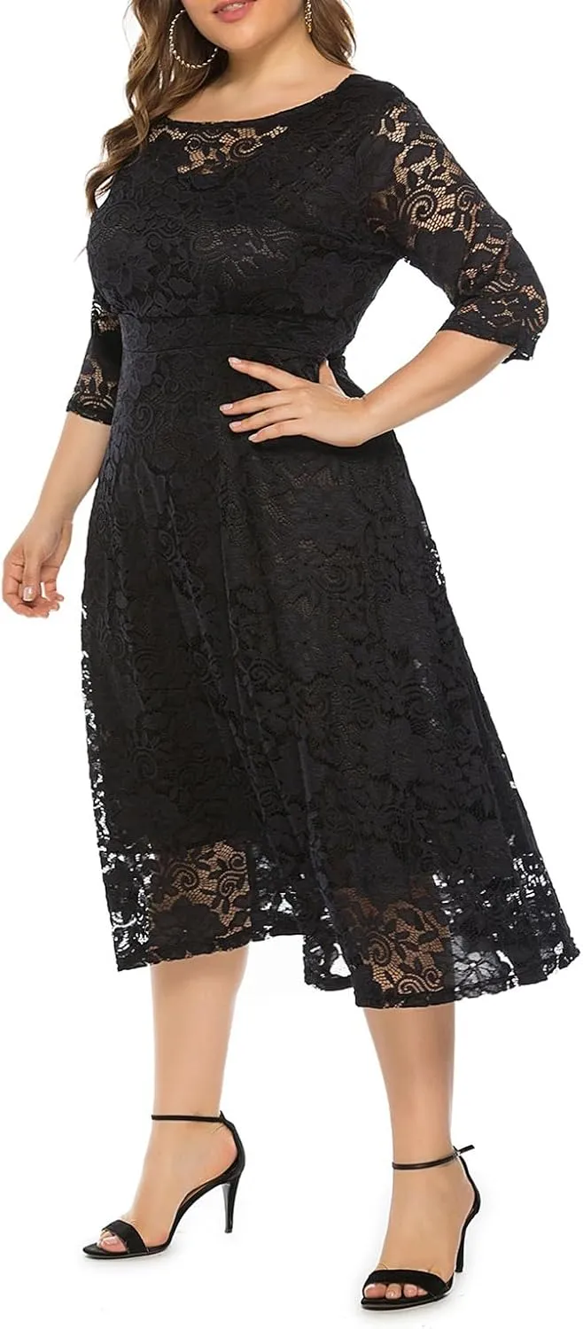 Women Plus Size Lace Cocktail Dresses Summer Round Neck Short Sleeve Wedding Guest Midi Dress with Pocket