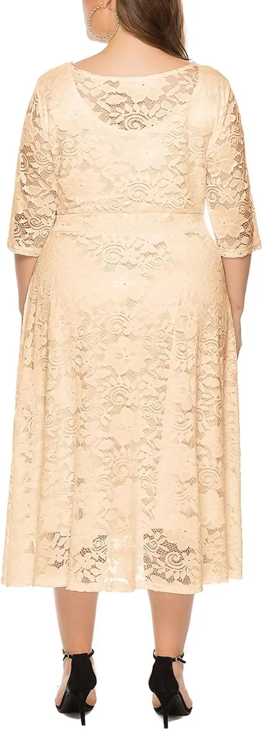 Women Plus Size Lace Cocktail Dresses Summer Round Neck Short Sleeve Wedding Guest Midi Dress with Pocket