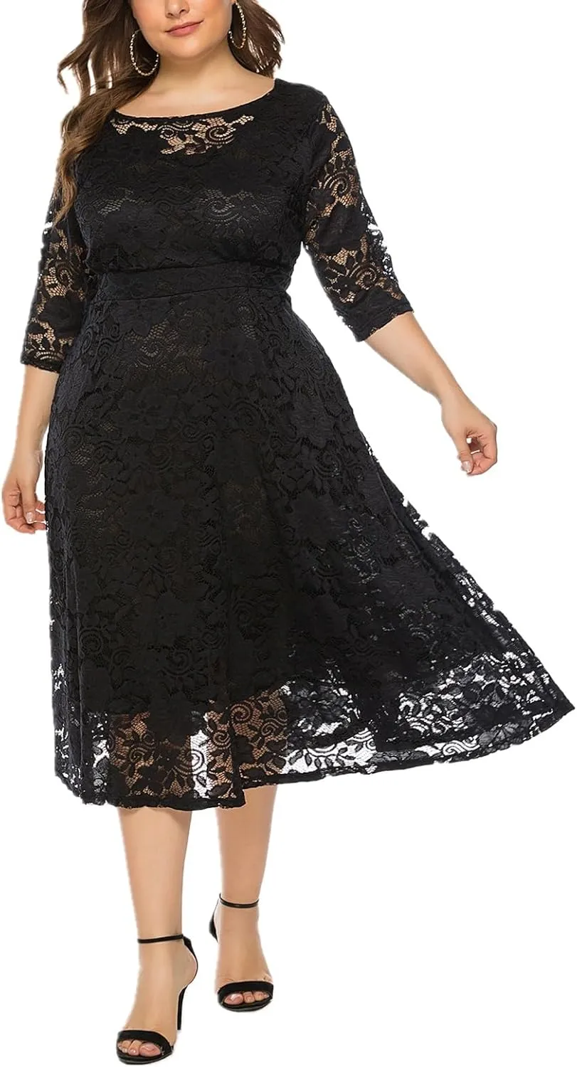 Women Plus Size Lace Cocktail Dresses Summer Round Neck Short Sleeve Wedding Guest Midi Dress with Pocket