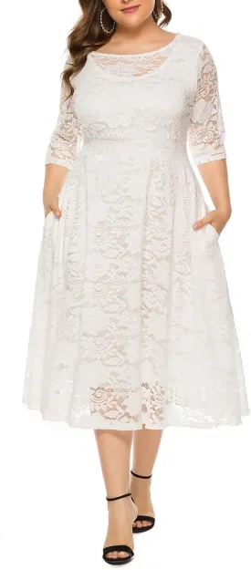 Women Plus Size Lace Cocktail Dresses Summer Round Neck Short Sleeve Wedding Guest Midi Dress with Pocket