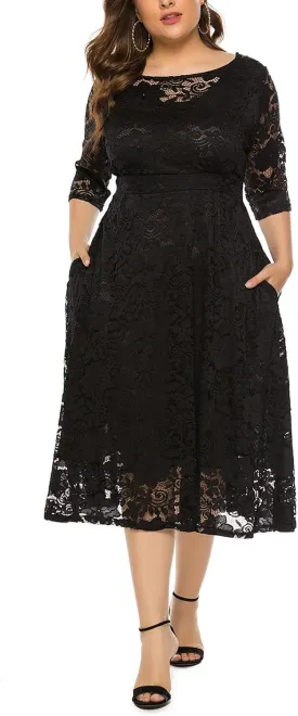 Women Plus Size Lace Cocktail Dresses Summer Round Neck Short Sleeve Wedding Guest Midi Dress with Pocket