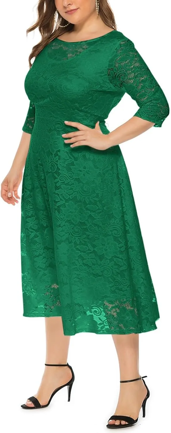Women Plus Size Lace Cocktail Dresses Summer Round Neck Short Sleeve Wedding Guest Midi Dress with Pocket
