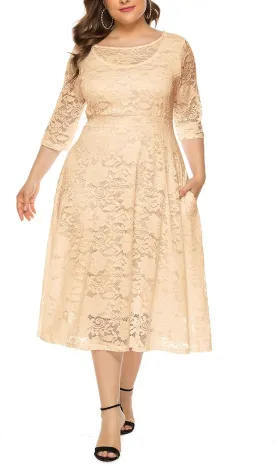 Women Plus Size Lace Cocktail Dresses Summer Round Neck Short Sleeve Wedding Guest Midi Dress with Pocket