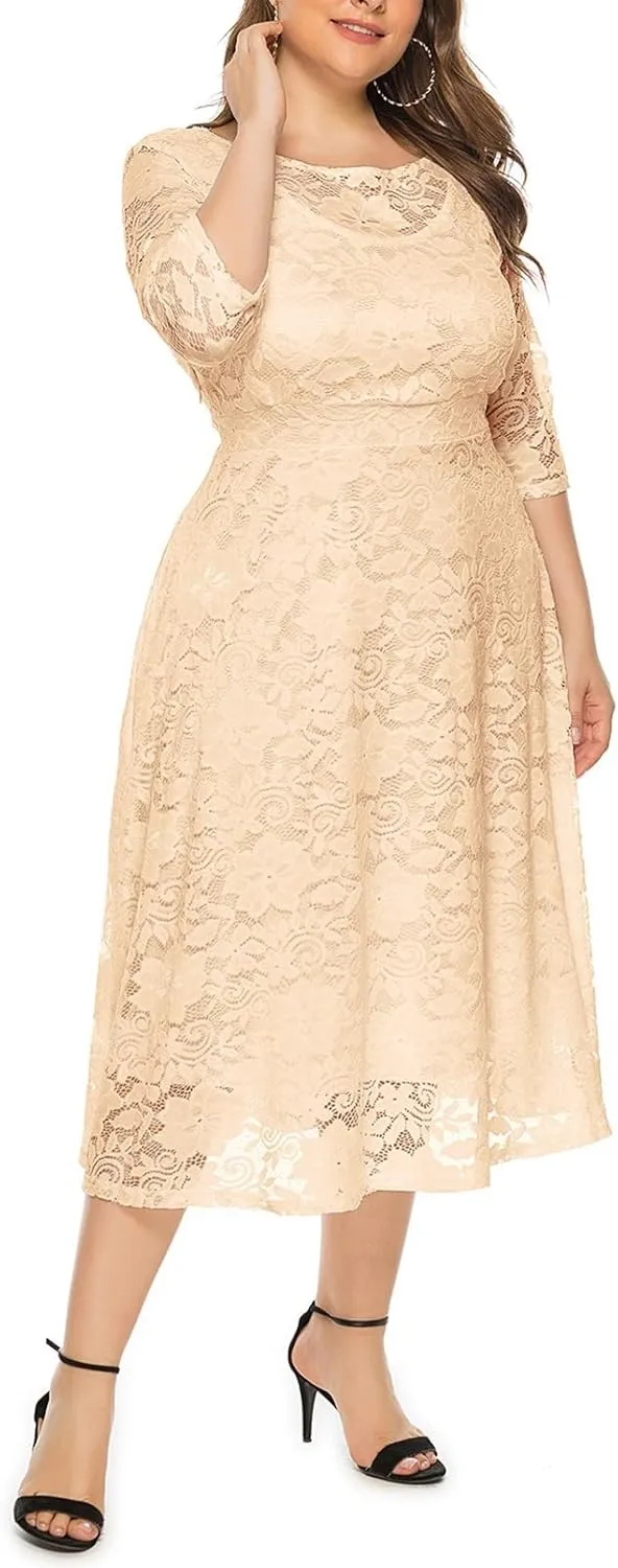 Women Plus Size Lace Cocktail Dresses Summer Round Neck Short Sleeve Wedding Guest Midi Dress with Pocket