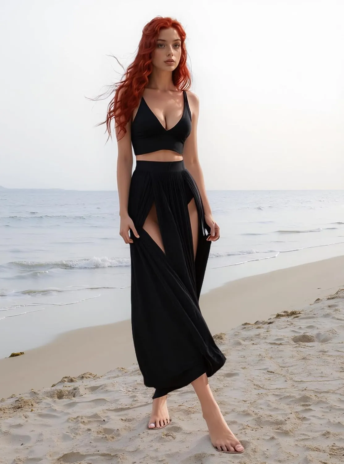 Women Sexy 2 Piece Outfits Dress Chiffon Strap Deep V Neck Bra Crop Top High Split Maxi Dresses Skirt Set