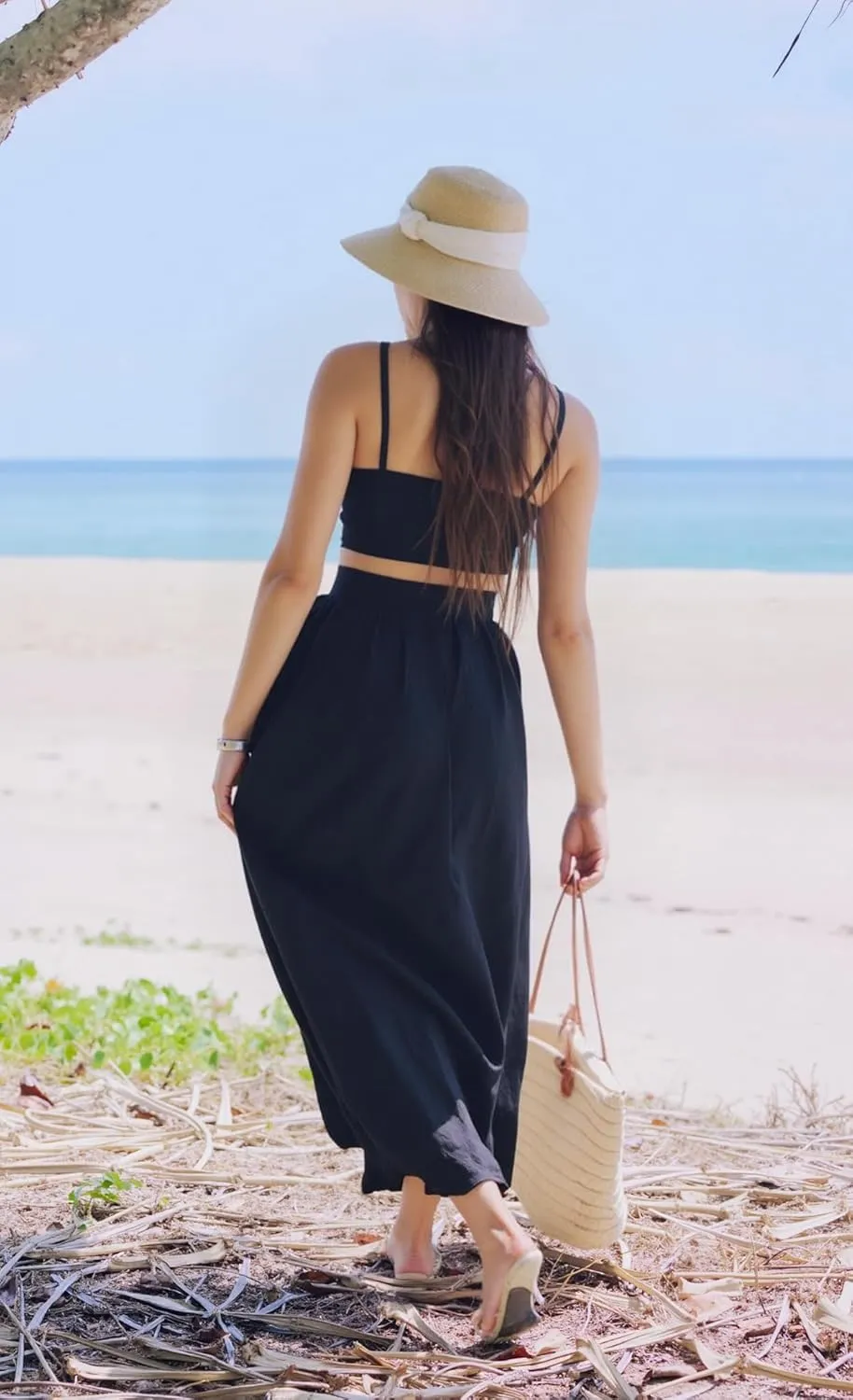 Women Sexy 2 Piece Outfits Dress Chiffon Strap Deep V Neck Bra Crop Top High Split Maxi Dresses Skirt Set