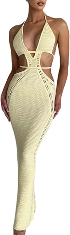 Women Sexy V Neck Bodycon Sweater Dress Knitted Halter Backless Hollow Out Waist Maxi Dress Party Club Long Dresses
