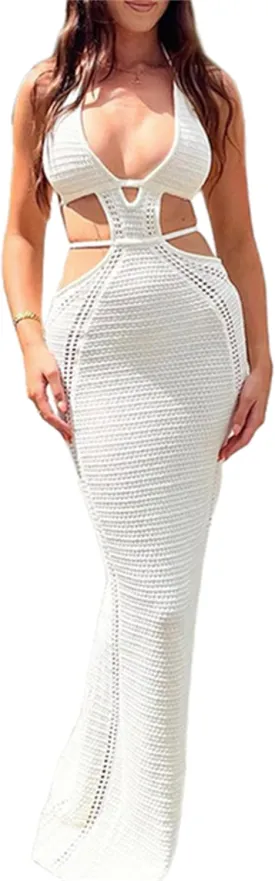 Women Sexy V Neck Bodycon Sweater Dress Knitted Halter Backless Hollow Out Waist Maxi Dress Party Club Long Dresses