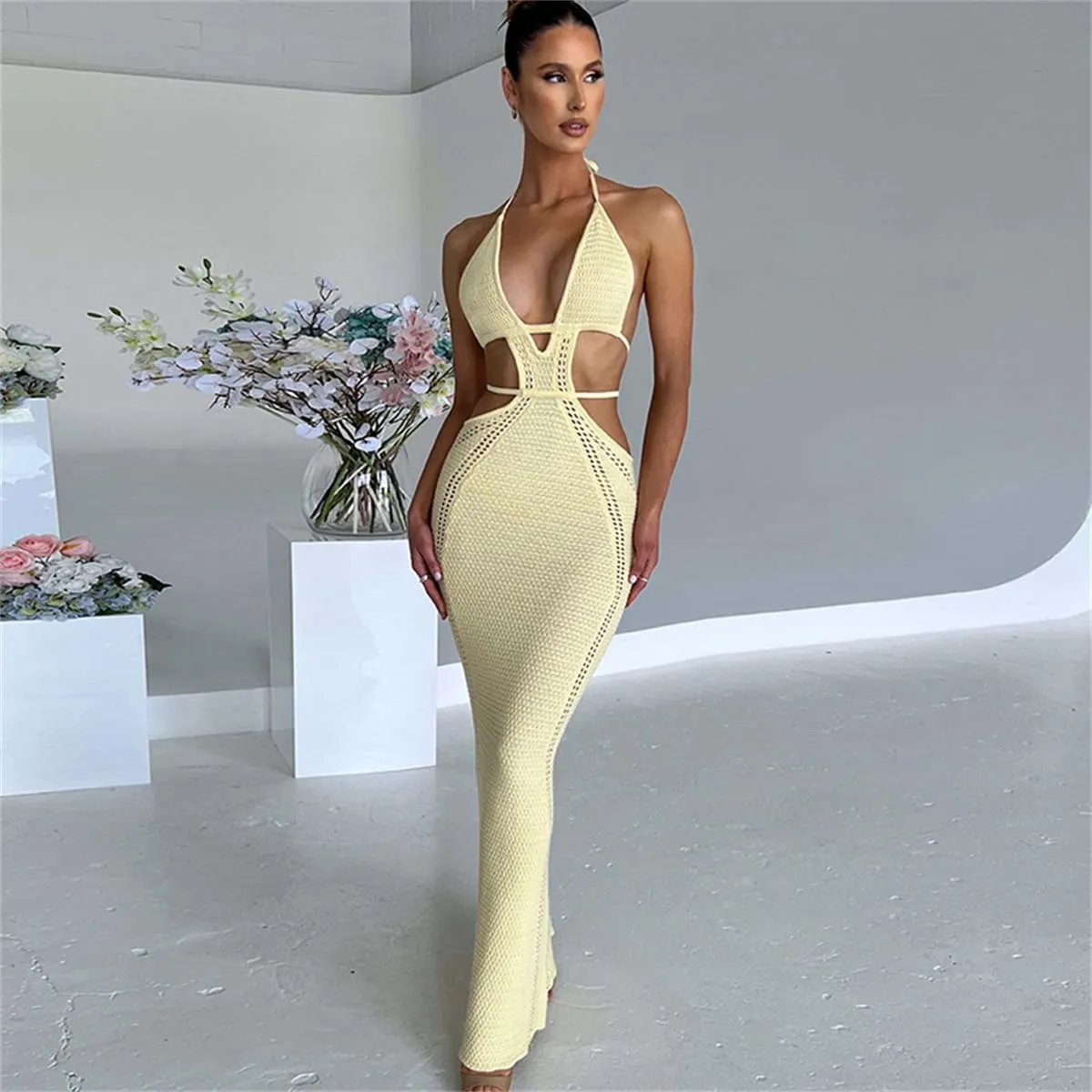 Women Sexy V Neck Bodycon Sweater Dress Knitted Halter Backless Hollow Out Waist Maxi Dress Party Club Long Dresses