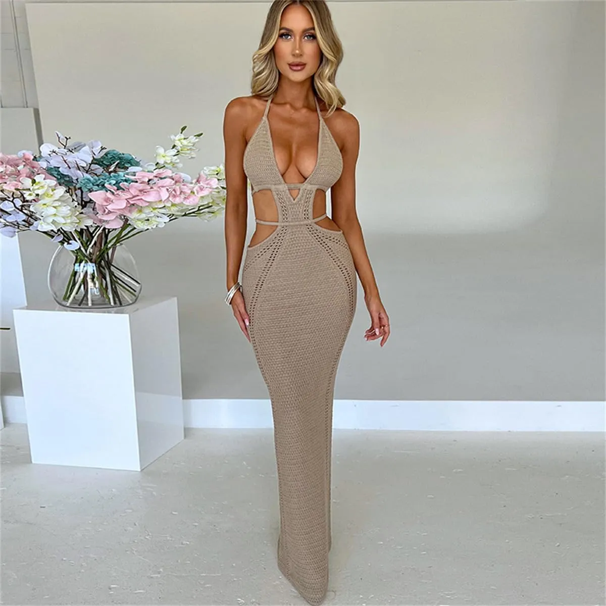 Women Sexy V Neck Bodycon Sweater Dress Knitted Halter Backless Hollow Out Waist Maxi Dress Party Club Long Dresses