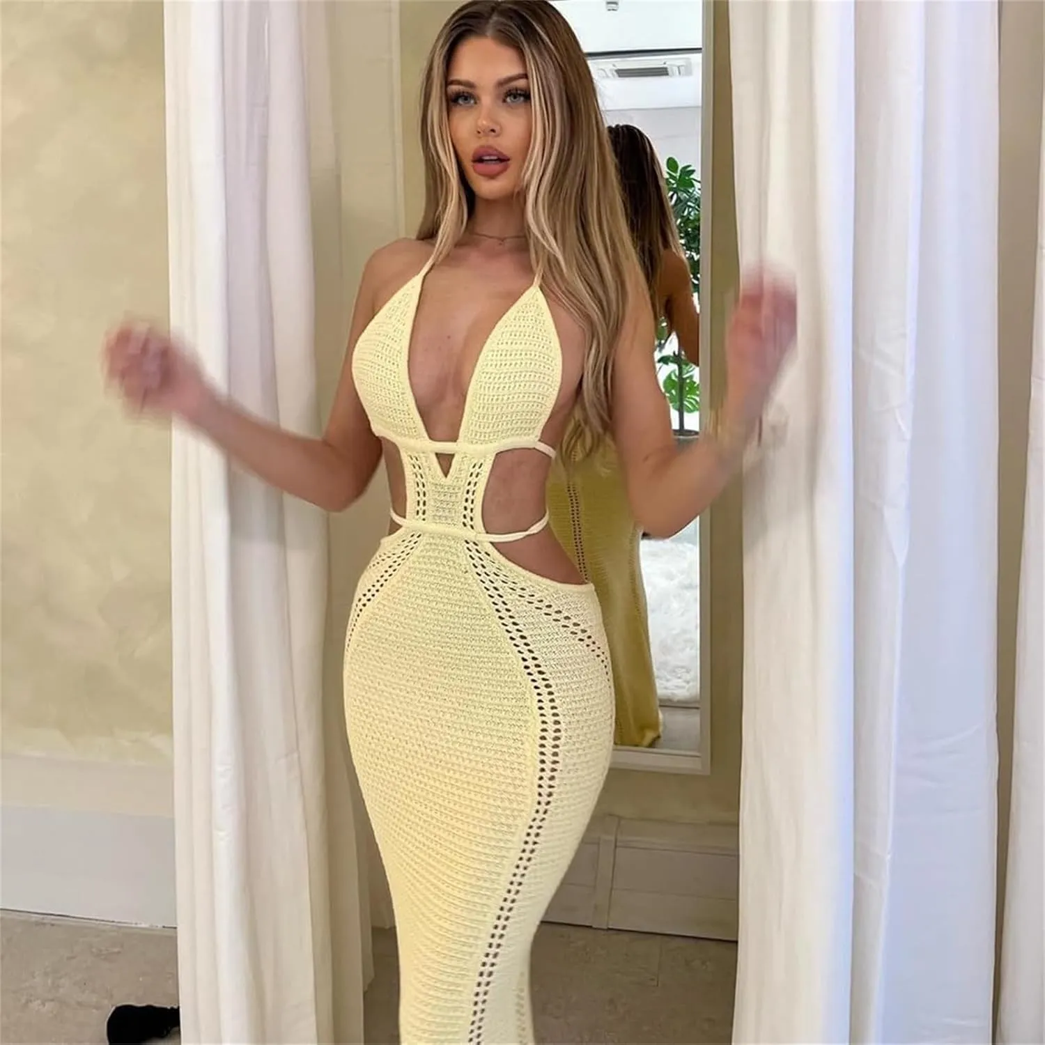Women Sexy V Neck Bodycon Sweater Dress Knitted Halter Backless Hollow Out Waist Maxi Dress Party Club Long Dresses