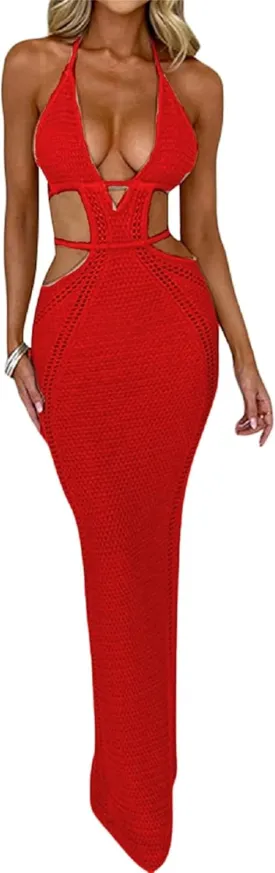Women Sexy V Neck Bodycon Sweater Dress Knitted Halter Backless Hollow Out Waist Maxi Dress Party Club Long Dresses