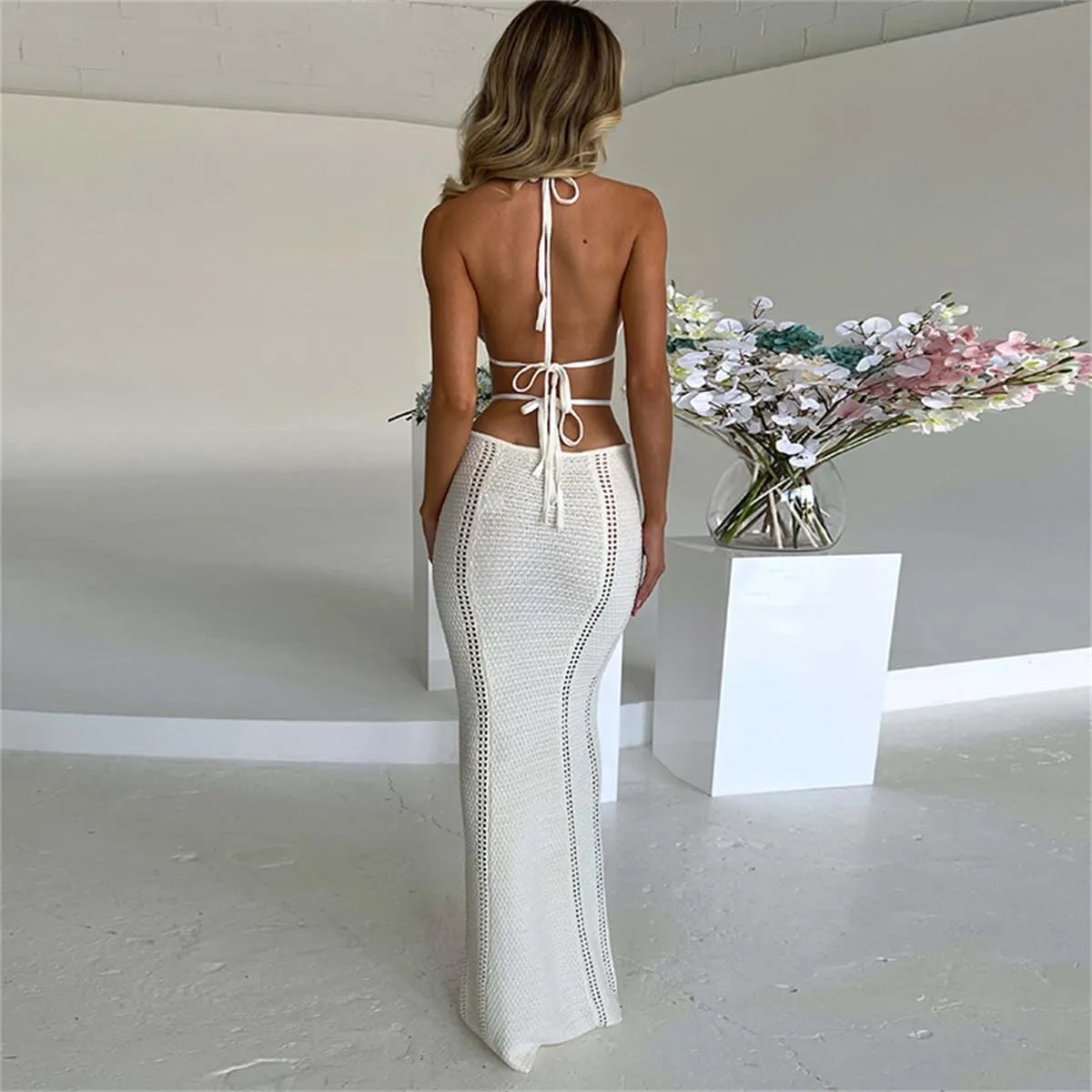 Women Sexy V Neck Bodycon Sweater Dress Knitted Halter Backless Hollow Out Waist Maxi Dress Party Club Long Dresses