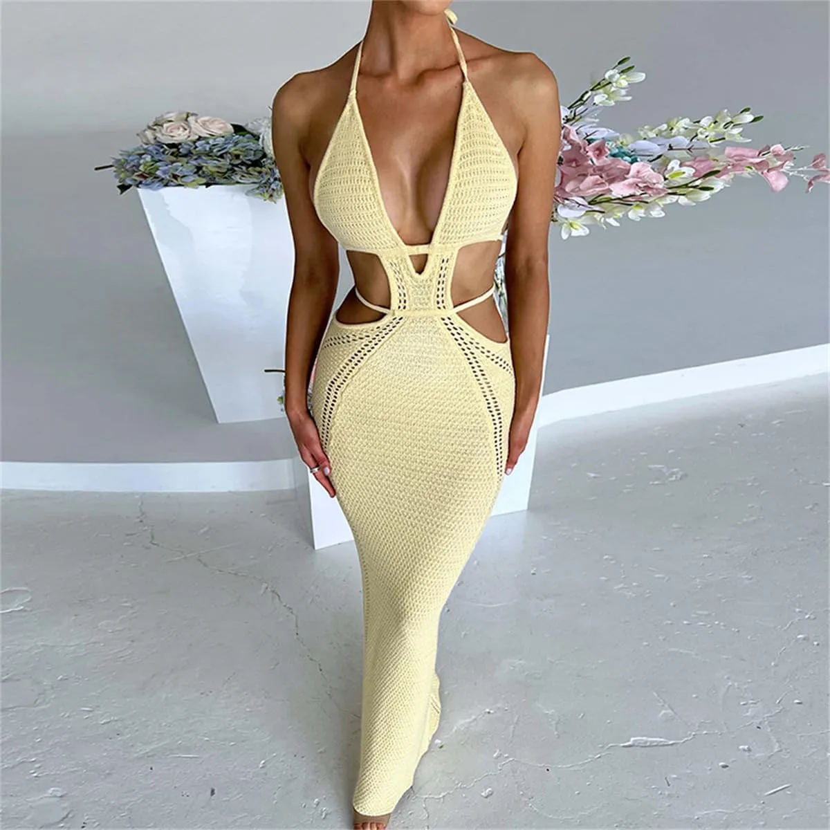 Women Sexy V Neck Bodycon Sweater Dress Knitted Halter Backless Hollow Out Waist Maxi Dress Party Club Long Dresses