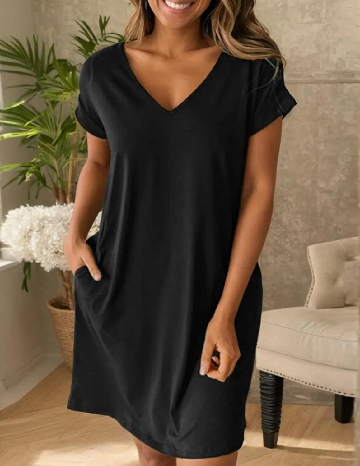 Women Shirt Dress Casual Loose Swing Dress V-Neck Short Sleeve Tunic Dress with Pockets