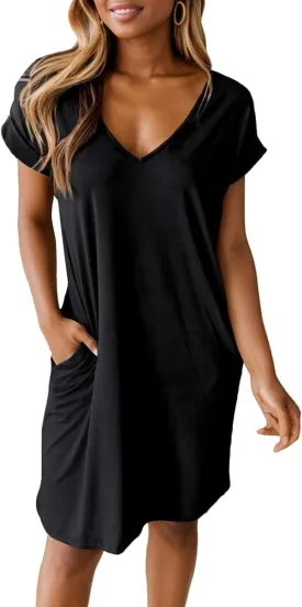 Women Shirt Dress Casual Loose Swing Dress V-Neck Short Sleeve Tunic Dress with Pockets