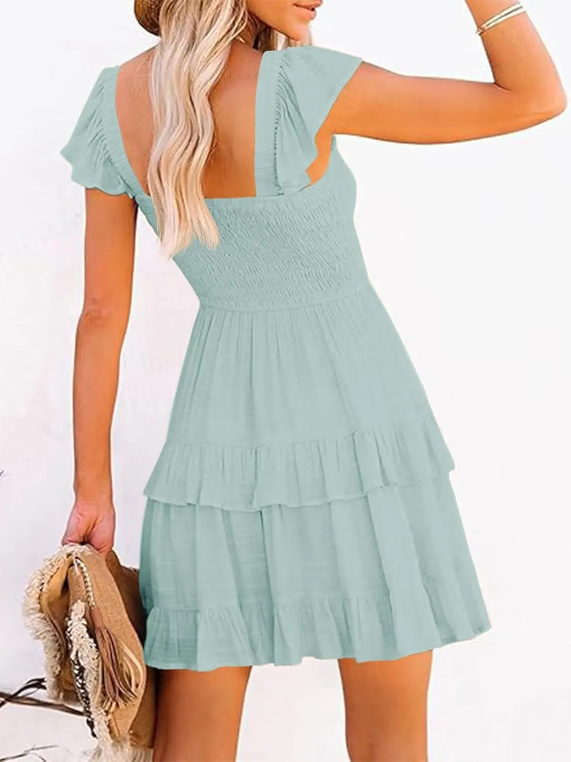 Women Summer Dresses Casual Boho Smocked Ruffle Sun Beach Babydoll Mini Dress Layered Flowy Swing Dress