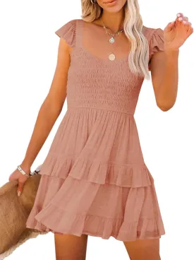Women Summer Dresses Casual Boho Smocked Ruffle Sun Beach Babydoll Mini Dress Layered Flowy Swing Dress