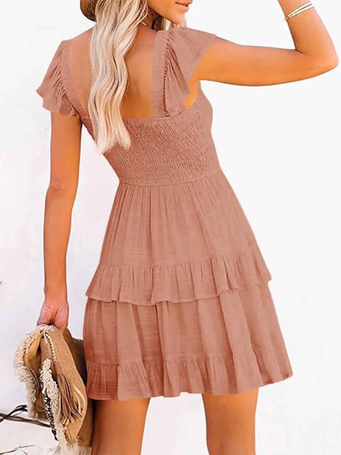 Women Summer Dresses Casual Boho Smocked Ruffle Sun Beach Babydoll Mini Dress Layered Flowy Swing Dress