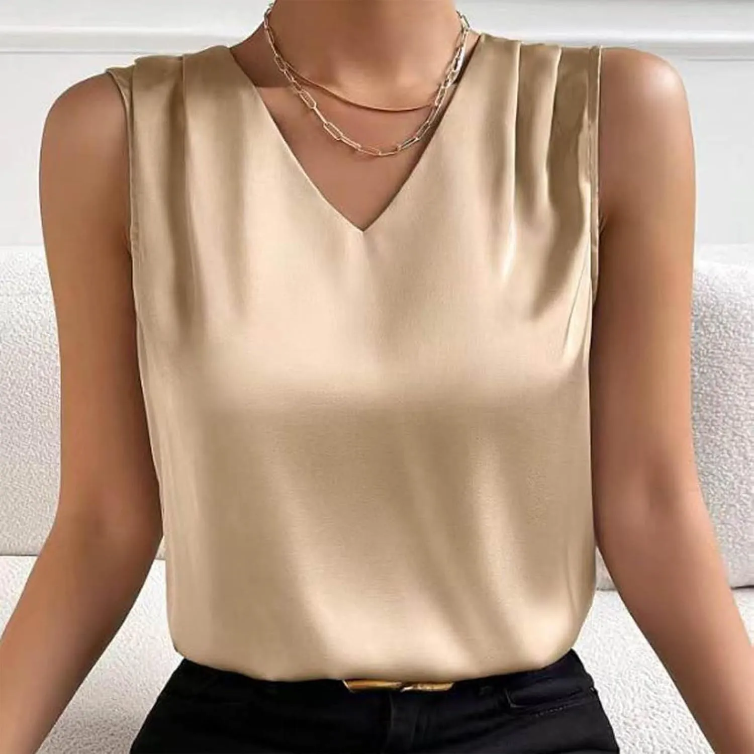 Women Summer Tank Tops V Neck Silk Satin Blouse Sleeveless Shirt Business Casual Dressy Outfit Vacation Clothes