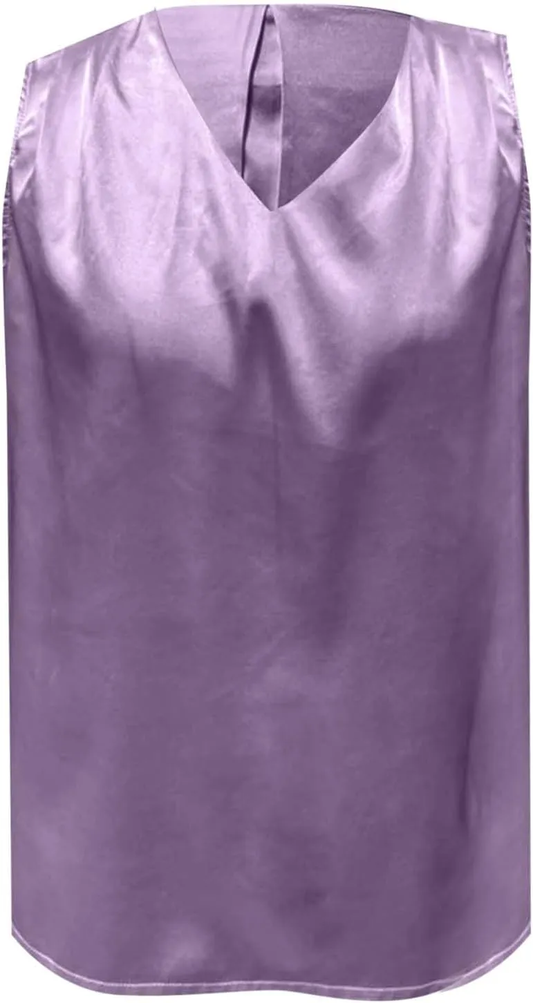 Women Summer Tank Tops V Neck Silk Satin Blouse Sleeveless Shirt Business Casual Dressy Outfit Vacation Clothes