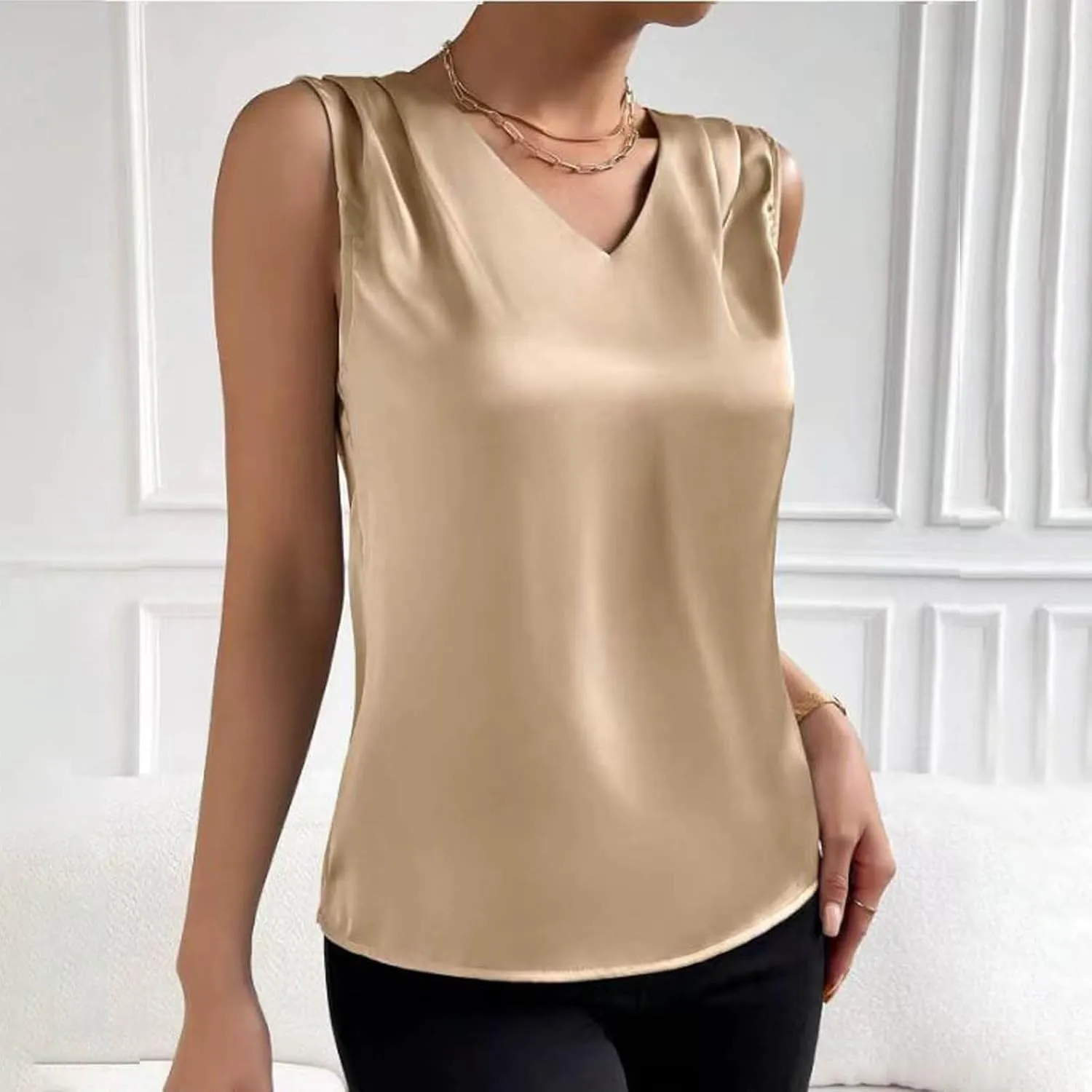 Women Summer Tank Tops V Neck Silk Satin Blouse Sleeveless Shirt Business Casual Dressy Outfit Vacation Clothes