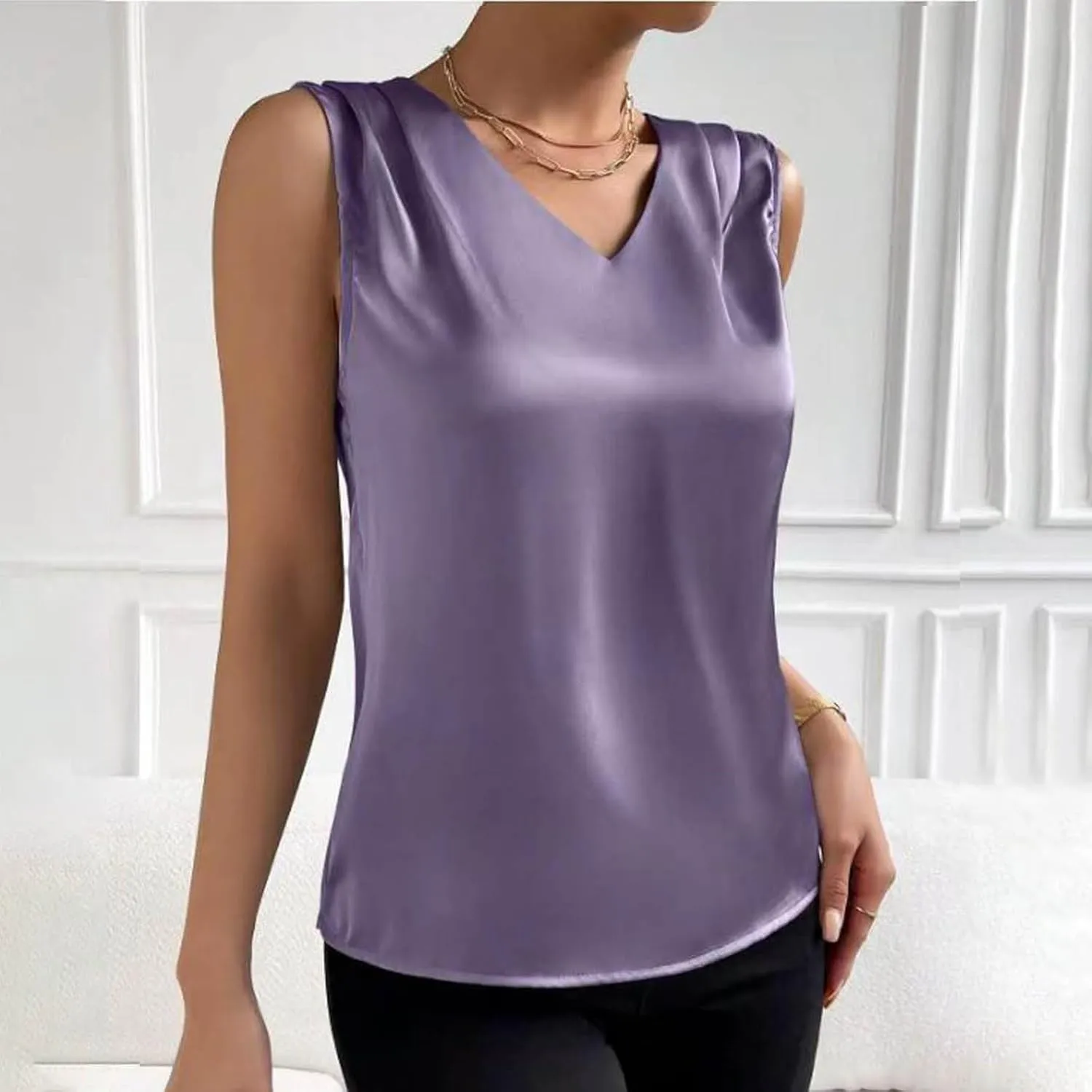 Women Summer Tank Tops V Neck Silk Satin Blouse Sleeveless Shirt Business Casual Dressy Outfit Vacation Clothes