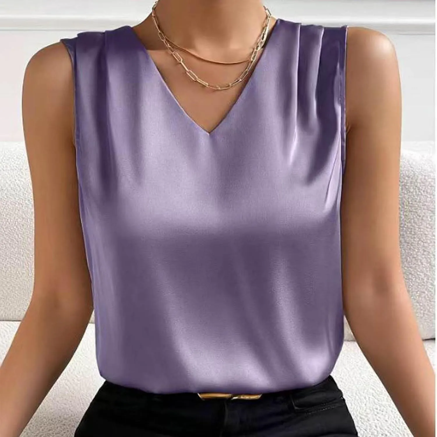 Women Summer Tank Tops V Neck Silk Satin Blouse Sleeveless Shirt Business Casual Dressy Outfit Vacation Clothes