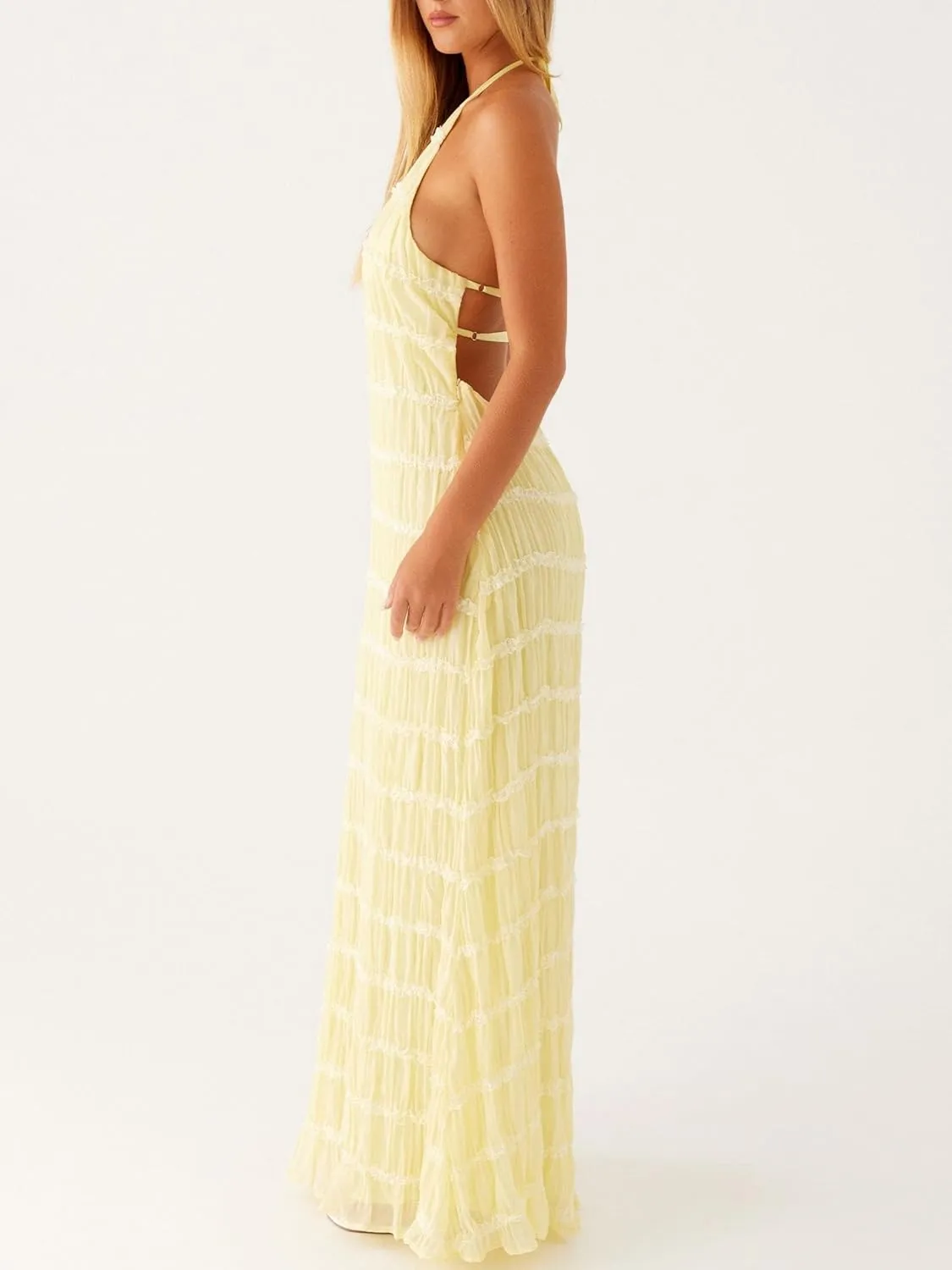Women Y2k Backless Long Dress Halter Tie Neck Maxi Dress Flowy Beach Sundress Summer Streetwear