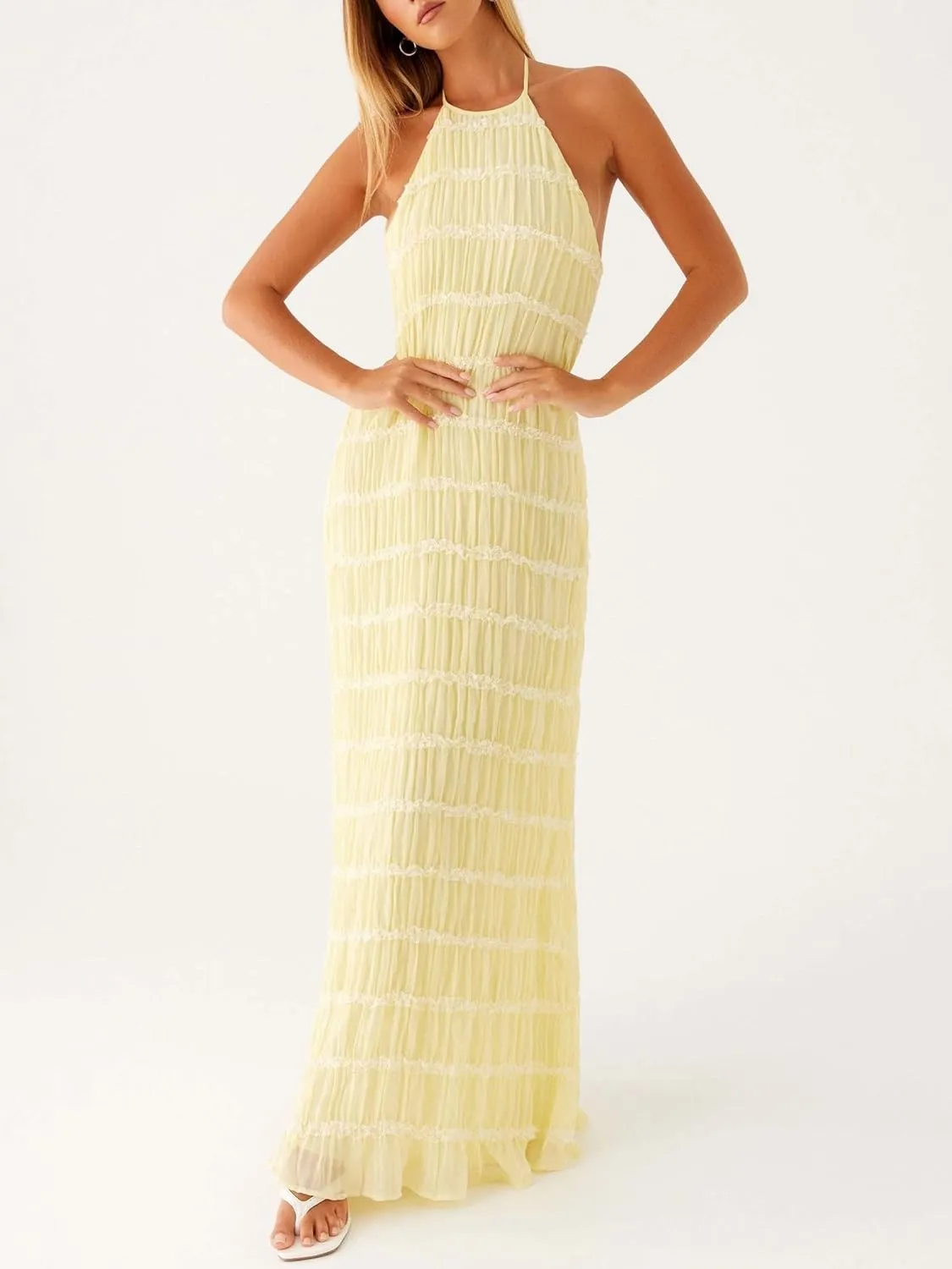 Women Y2k Backless Long Dress Halter Tie Neck Maxi Dress Flowy Beach Sundress Summer Streetwear