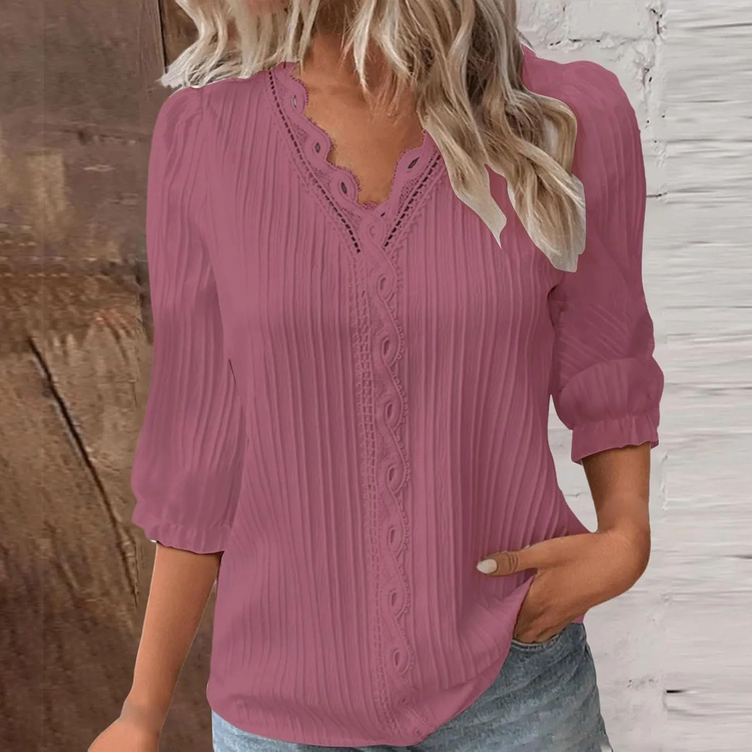 Women's 3/4 Sleeve Lace Trim V Neck Textured Tops Dressy Casual Shirts Trendy Elegant Blouse Office Business Shirts