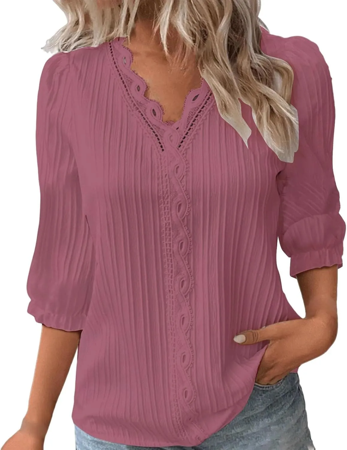 Women's 3/4 Sleeve Lace Trim V Neck Textured Tops Dressy Casual Shirts Trendy Elegant Blouse Office Business Shirts
