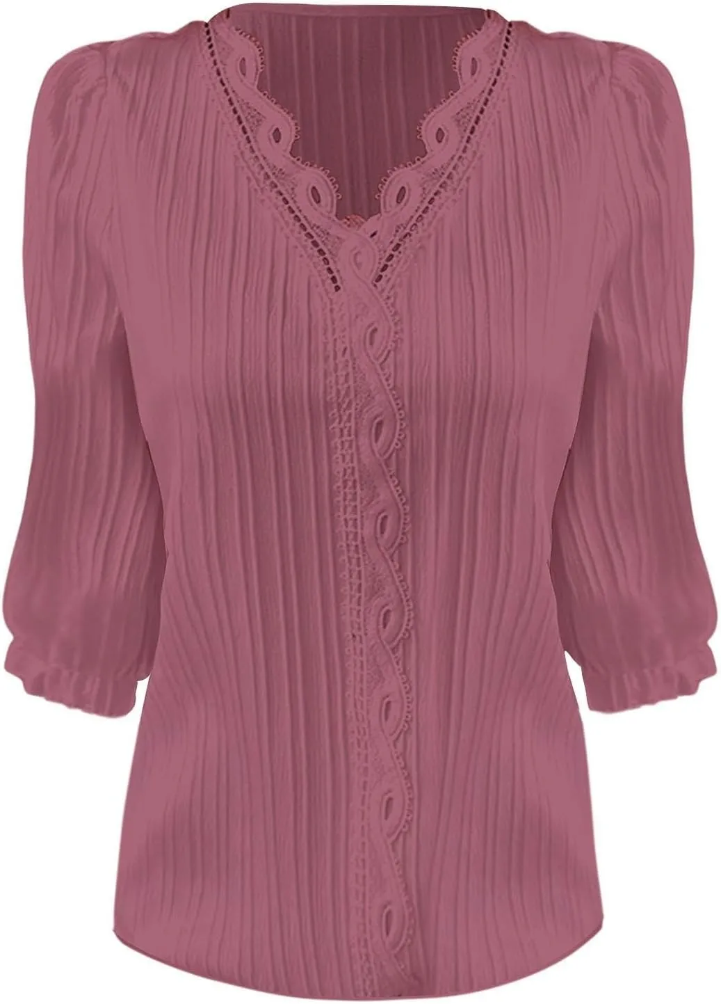 Women's 3/4 Sleeve Lace Trim V Neck Textured Tops Dressy Casual Shirts Trendy Elegant Blouse Office Business Shirts