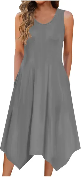 Womens Casual Summer Sleeveless Dress Loose Flowy Beach Dress with Pocket Trendy Dressy Asymmetrical Hem Midi Sundress