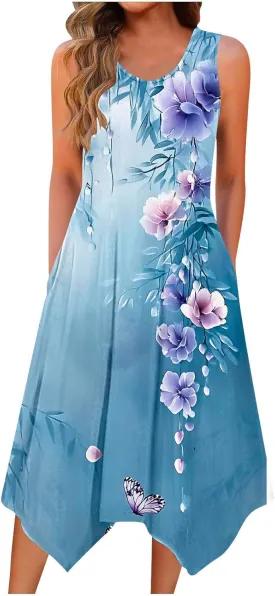 Womens Casual Summer Sleeveless Dress Loose Flowy Beach Dress with Pocket Trendy Dressy Asymmetrical Hem Midi Sundress