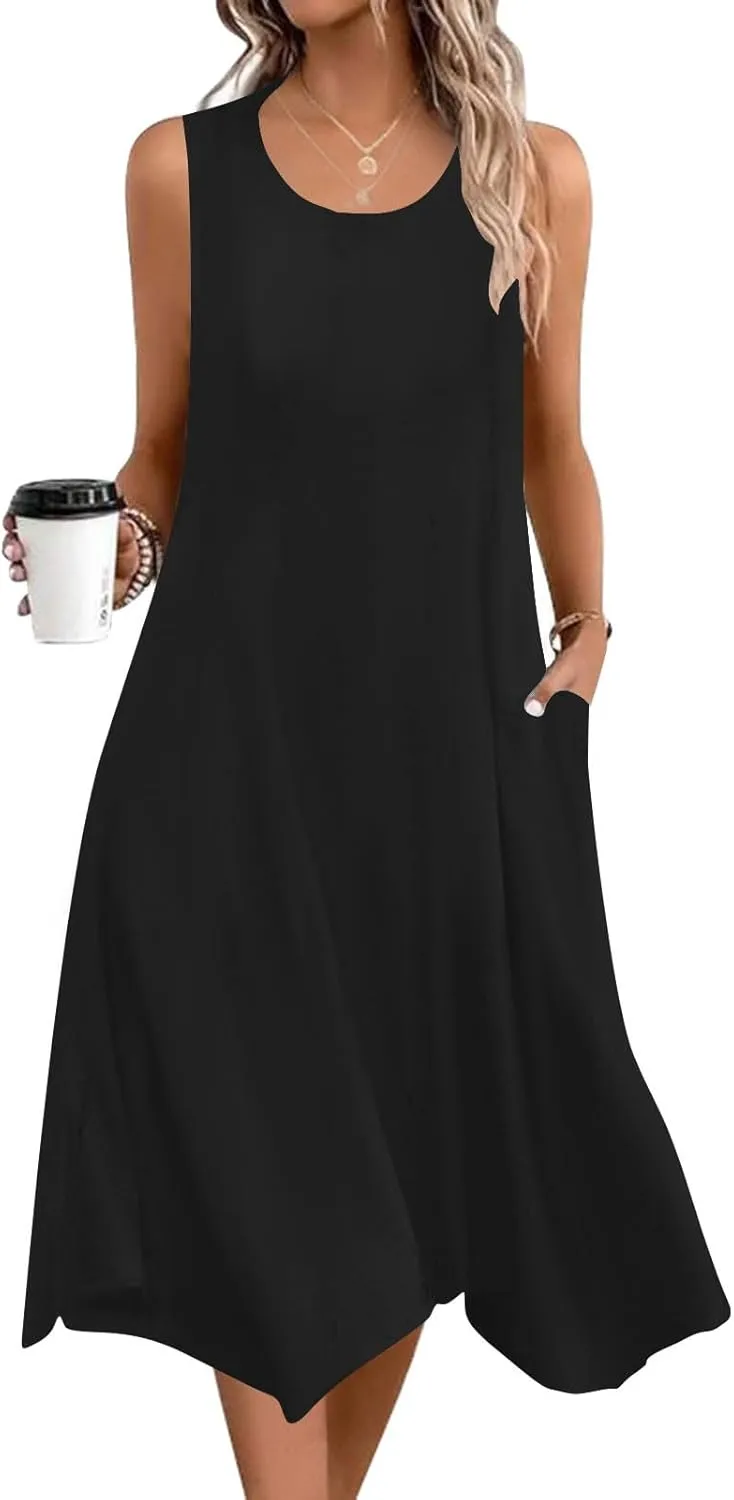 Womens Casual Summer Sleeveless Dress Loose Flowy Beach Dress with Pocket Trendy Dressy Asymmetrical Hem Midi Sundress