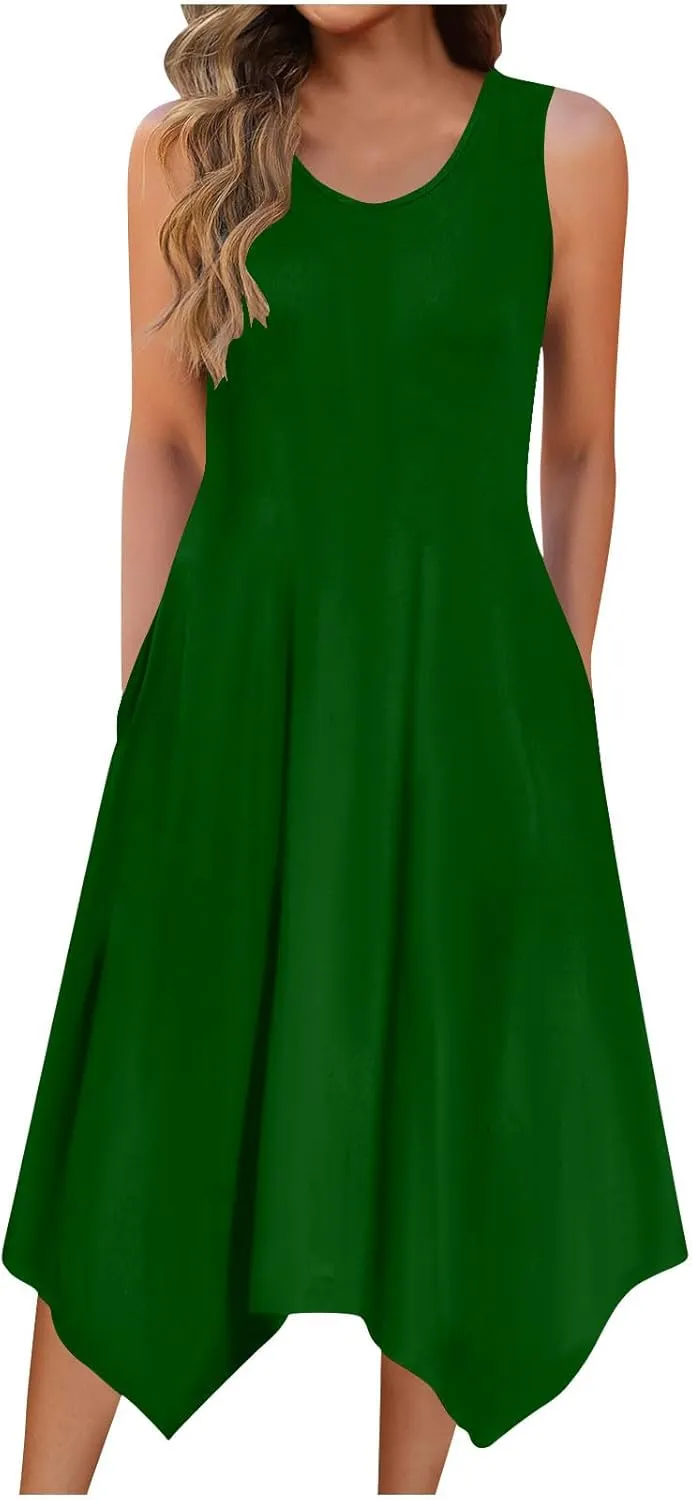 Womens Casual Summer Sleeveless Dress Loose Flowy Beach Dress with Pocket Trendy Dressy Asymmetrical Hem Midi Sundress