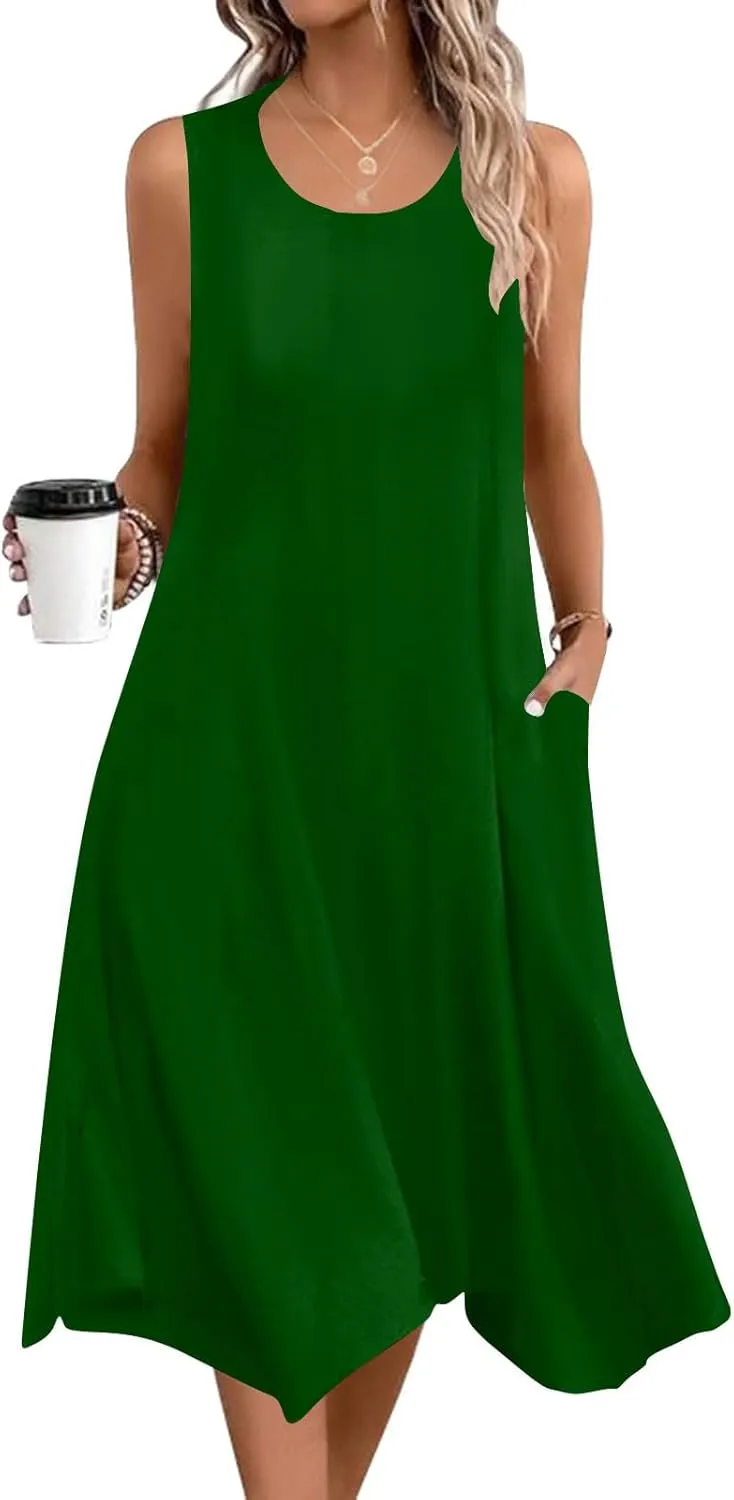 Womens Casual Summer Sleeveless Dress Loose Flowy Beach Dress with Pocket Trendy Dressy Asymmetrical Hem Midi Sundress