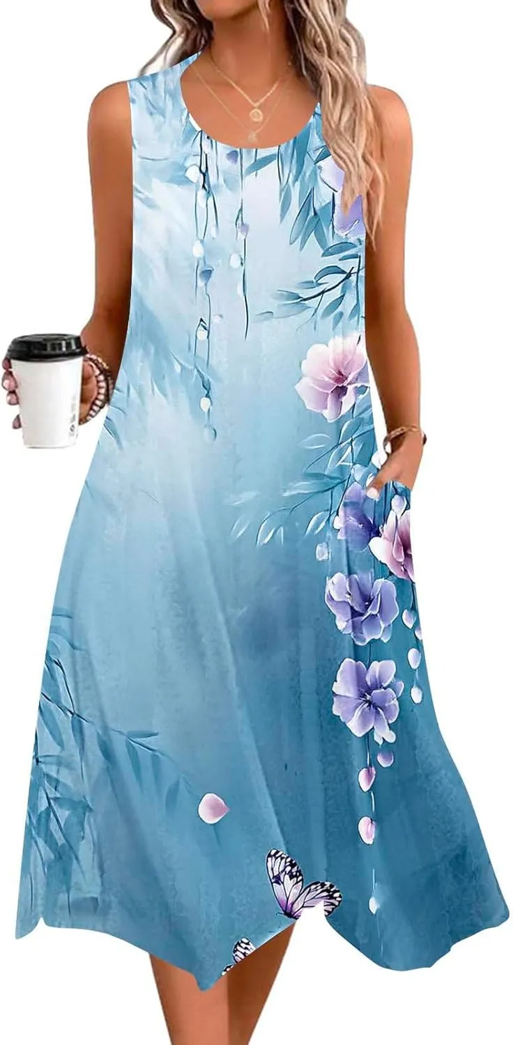 Womens Casual Summer Sleeveless Dress Loose Flowy Beach Dress with Pocket Trendy Dressy Asymmetrical Hem Midi Sundress