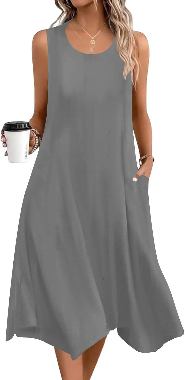 Womens Casual Summer Sleeveless Dress Loose Flowy Beach Dress with Pocket Trendy Dressy Asymmetrical Hem Midi Sundress